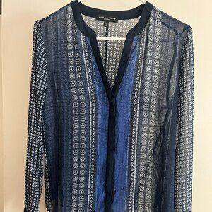 Sanctuary Sheer Geometric Navy V-Neck Long Sleeve Blouse XS